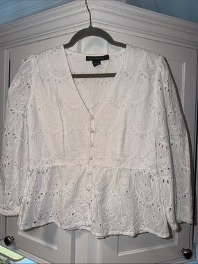 French Connection White Eyelet Peplum Button-Front Top - 100% Cotton